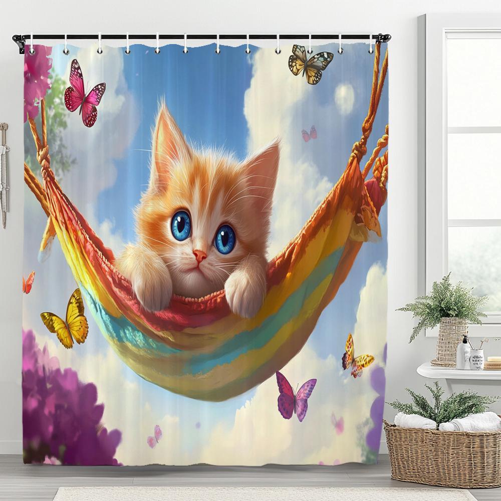 

Funny Cat Dog Shower Curtain Cartoon Animals Oil Painting Style Polyester Washable Shower Curtains Bathroom Decor With Hooks W60H190(CM)-1 Pcs