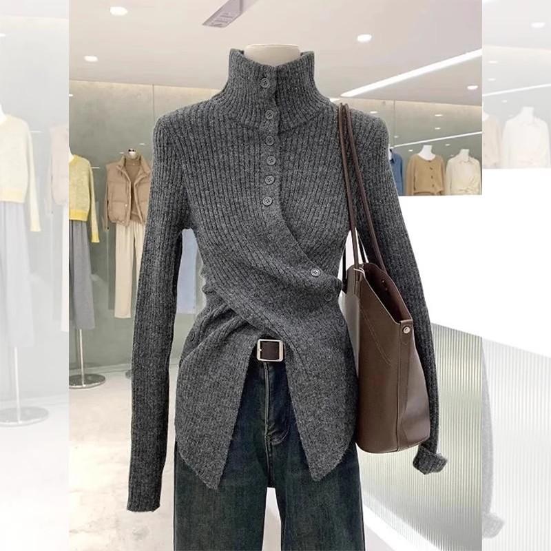 Grey turtleneck cotton wool knitted bottoming shirt women's autumn and winter irregular waist sweater with split top