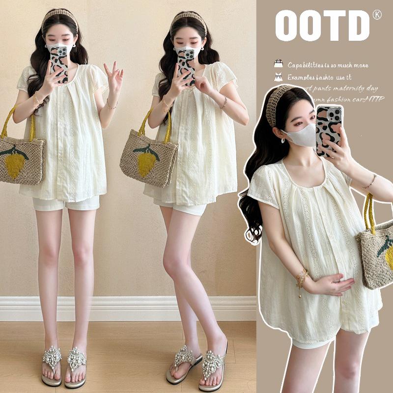 Maternity Summer 2026 Fashion: Embroidered Shirt & Belly Support Shorts Set L