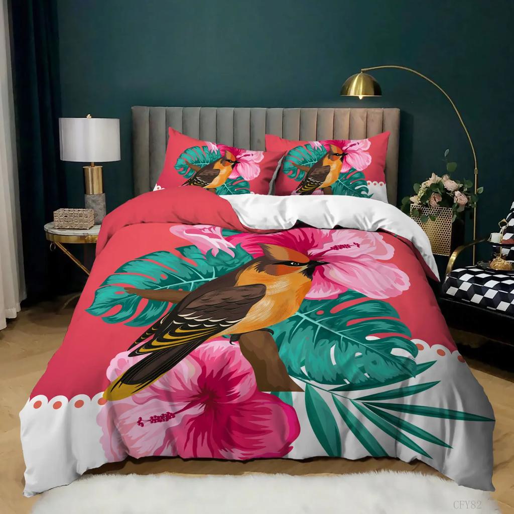 Parrot Duvet Cover King Size Realistic Looking Birds On Branches Macaw Tropical Wildlife Bedding Set Soft Polyester Quilt Cover