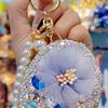 Bling Rhinestone Round Pocket Mirror with Metal Keychain Folding Double-Sided Makeup Mirror Bead String Charm for Purse Handbag Wallet Travel
