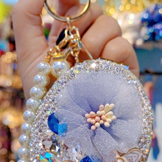 Bling Rhinestone Round Pocket Mirror with Metal Keychain Folding Double-Sided Makeup Mirror Bead String Charm for Purse Handbag Wallet Travel