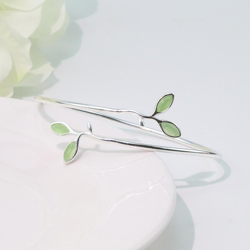 925 Silver Bracelet Bangle Simple Green Leaf Elegant Nature For Woman Girl Fashion Jewelry Gift Dropship