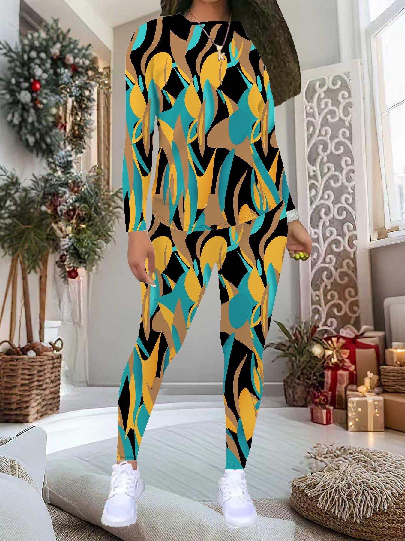 

Women s Abstract Pattern Print 2-Piece Outfit: Long Sleeve Crew Neck Top & Pants, Holiday Limited Casual Party Gift Suit S