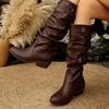 Vintage Pleated Boots Women's Autumn Belt Buckle Sleeve Large Size Medium Heel Knight Boots