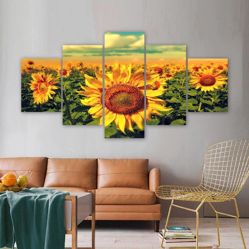 

5 Panels Sunflower Posters Canvas Painting Field Landscape Pictures Prints Wall Art For Living Room Modern Home Decor No Frame 20x35 20x45 20x55cm