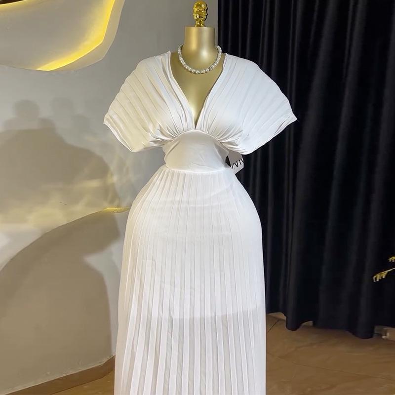 Rochie Elegantă de Primăvară 2025 cu Gât în V, Plisată, cu Mâneci Aripă de Liliac, Croială A-Linie pentru Femei