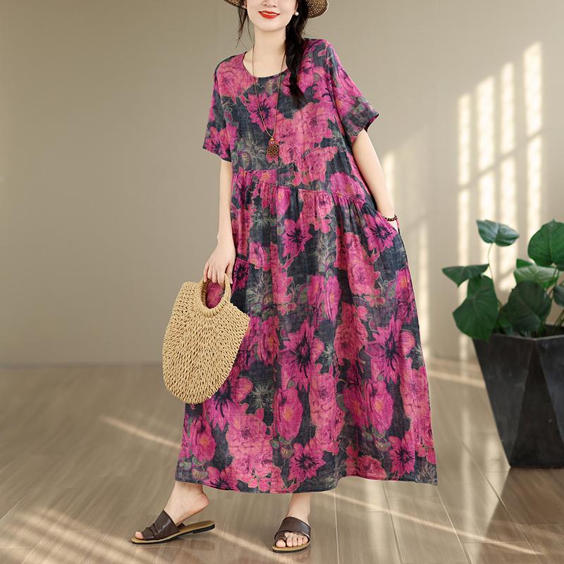DIMANAF New 2026 Sundress Women Plus Size Summer Casual Print Long Dress Oversize Cotton Loose Maxi Floral Beach Holiday