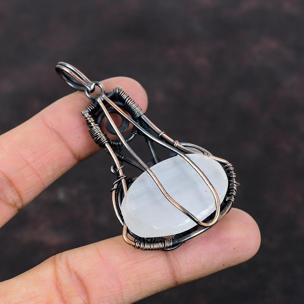 Selenite Druzy Pendant Copper Wire Wrapped Pendant Selenite Druzy Gemstone Jewelry Dainty Pendant Gift For Engagement Handmade Women Jewelry