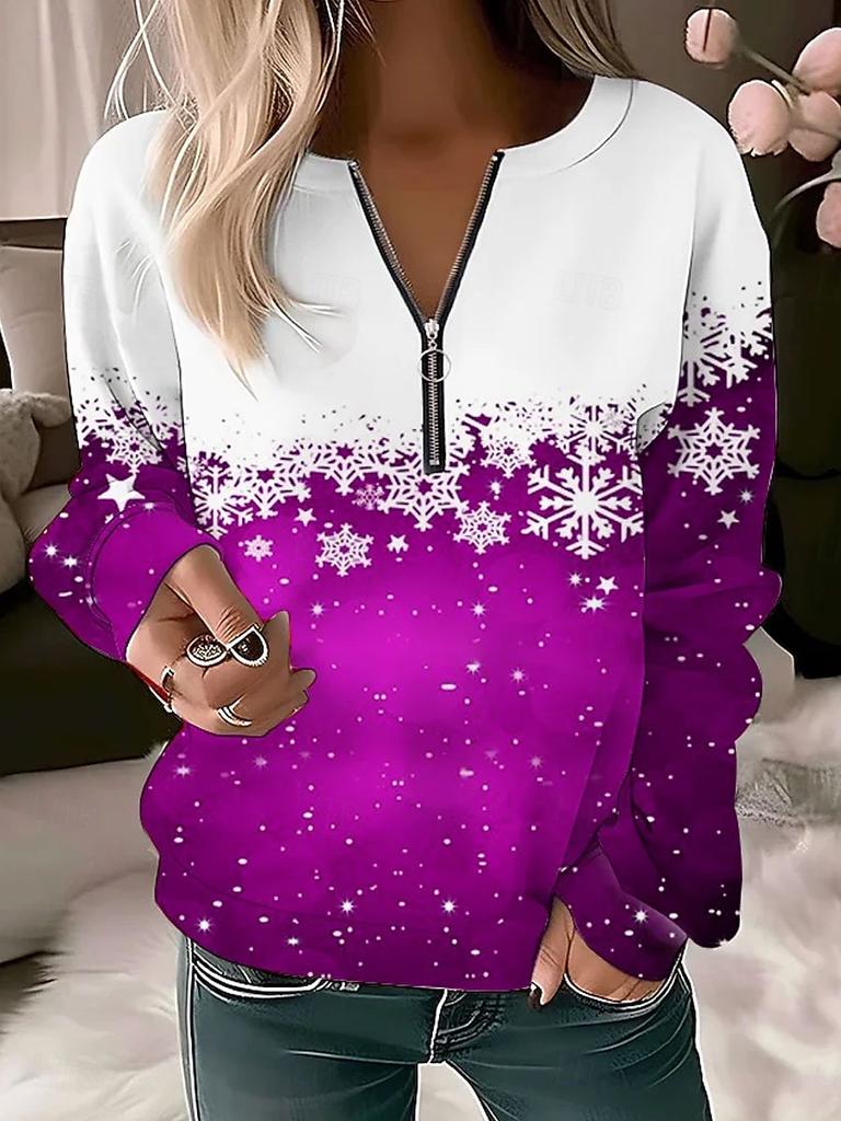 Women's Pullover Sweatshirt Zip Up Sweatshirts Graphic Snowflake Fashion Casual Long Sleeve Crew Neck Regular Tops Street