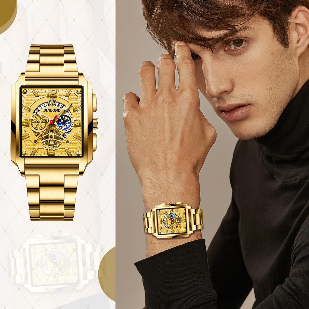 Square Watch with 3ATM Water Stainless Steel Analog Quartz Simple and Stylish Business Watch A Great Gift for and Day Men's Calendar, Gold