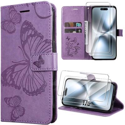 Case + 2 Tempered Glasses for iPhone 17th, Shockproof Scratch-Resistant Leather Effect Purple Butterfly Pattern