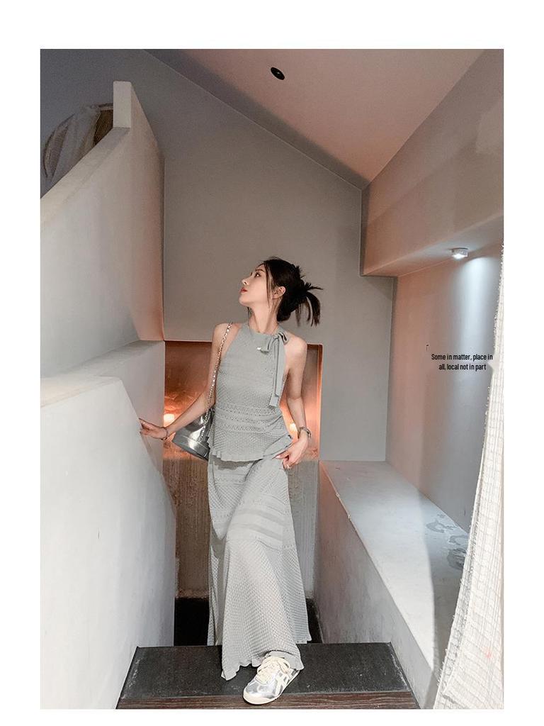 Summer French Fashion: Knitted Midi Skirt & Tie-Up Tank Top Ice Silk Two-Piece Dress