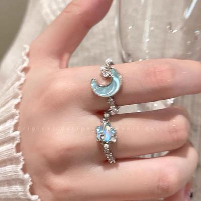 Glacier Blue Open Moon and Stars Ring: Exquisite High-End Jewelry for Women, Couples, or Best Friends.