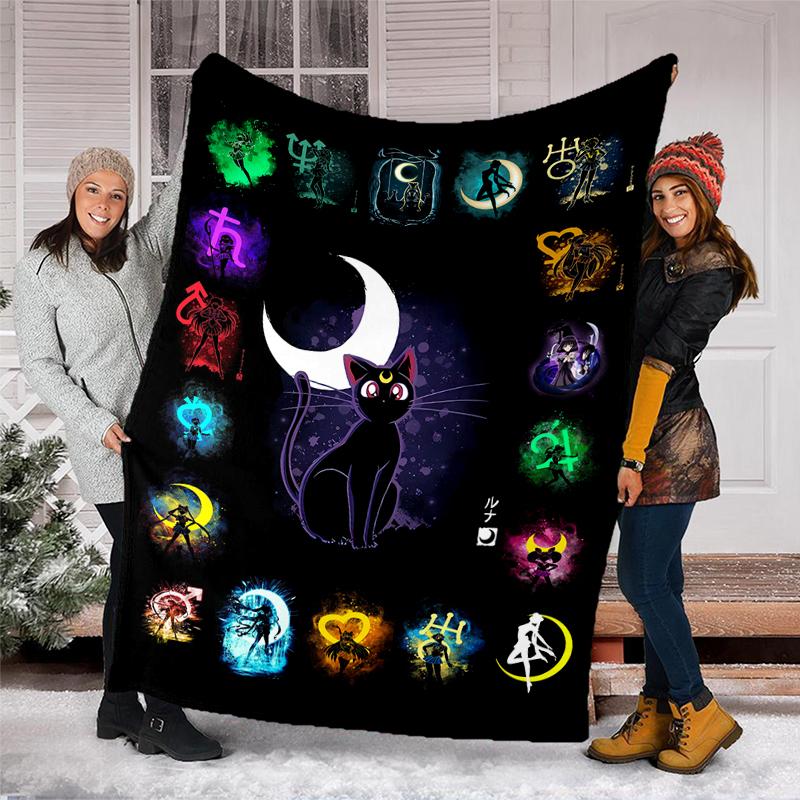Moonlit Cats Print Flannel Blanket, Soft Warm Lightweight Throw Blanket for Living Room,Sofa Bed Camping Office