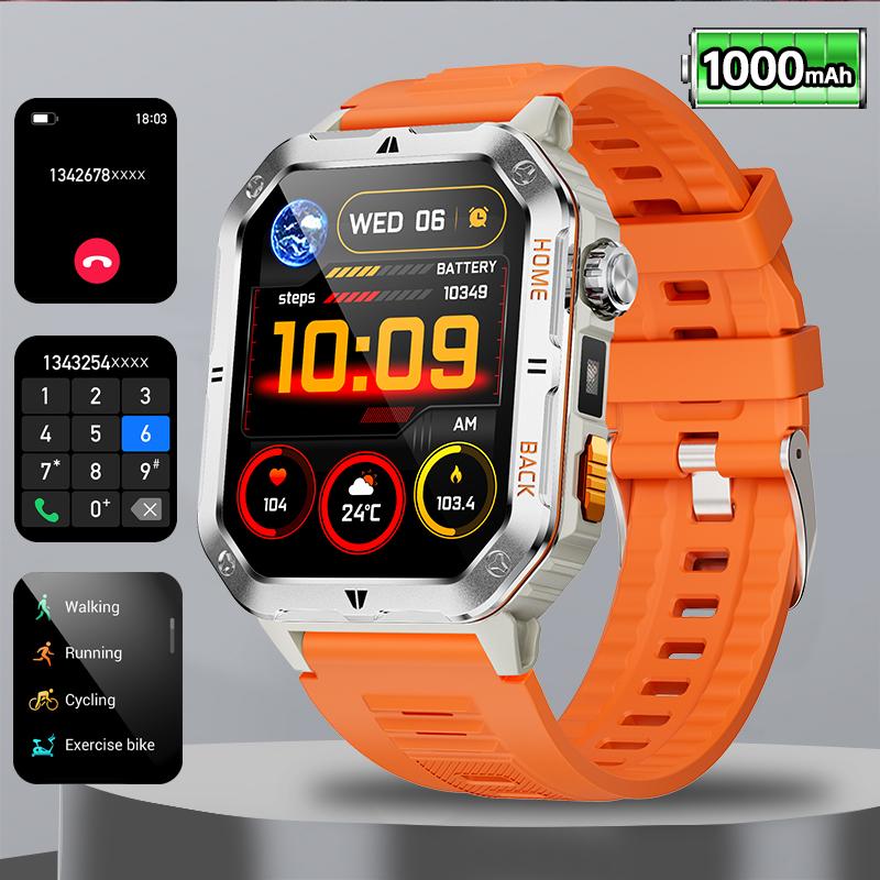 

Rugged Military 1000mAh Smart Watch Men Outdoor Flashlight Watch 2.01 HD Touch Screen Voice Bluetooth Call Smartwatch NEW Bluetooth Call помаранчевий