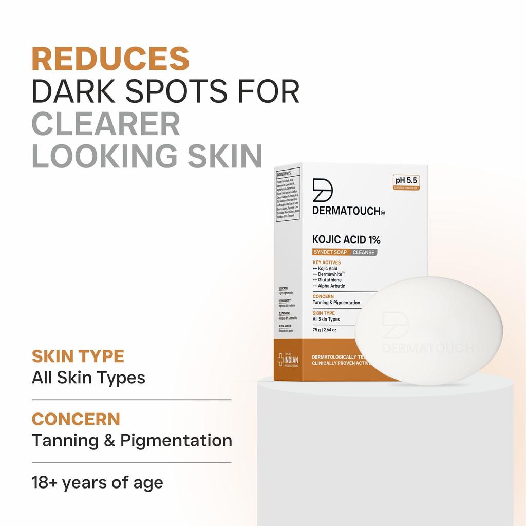DERMATOUCH Kojic Acid 1% Soap with Glutathione | For Pigmentation & Sun damage | Soap for Men & Women | Suitable for All Skin Types | 75g