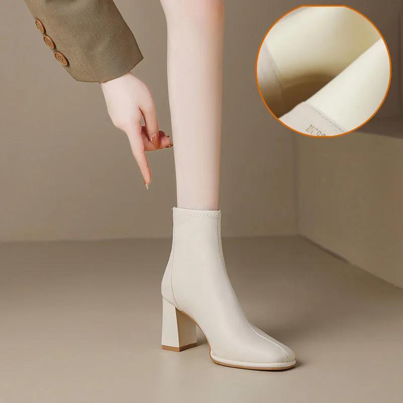 Fashion 2025 Autumn Winter Women Soft Leather Plus Velvet Heel Ankle Boots Fashion Square Toe Zipper Ladies Short Boots Botas De Mujer