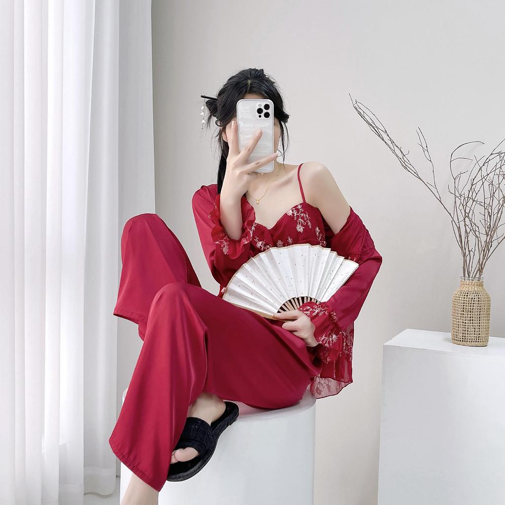 2025 Damen Spitzen Eisseiden Pyjama Dreiteiliges Set - Prinzessinnenstil Langarm & Hose für Zuhause oder Outdoor