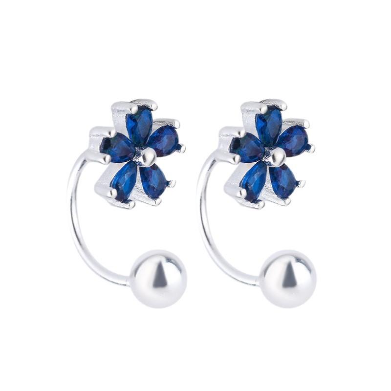 Blue Zircon Flower Curved Hook Earrings Elegant Niche High End Studs Fashion Jewelry