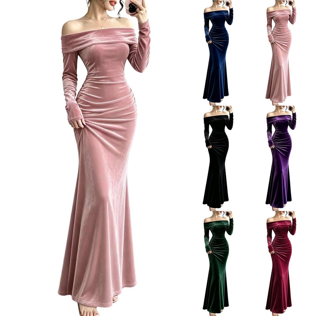 Women's Velvet Bodycon Dress with Straight Neckline for Casual Evening Wear