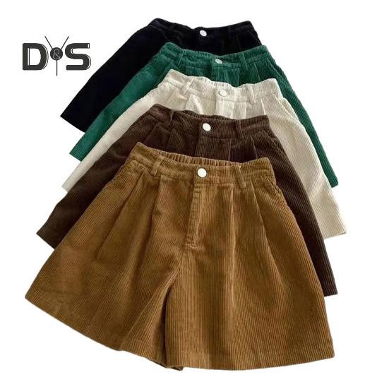 Vintage-Cord-Damen-Shorts, elastisch, hohe Taille, Knopf, Reißverschluss, Shorts, Taschen, weites Bein, kurze Hose