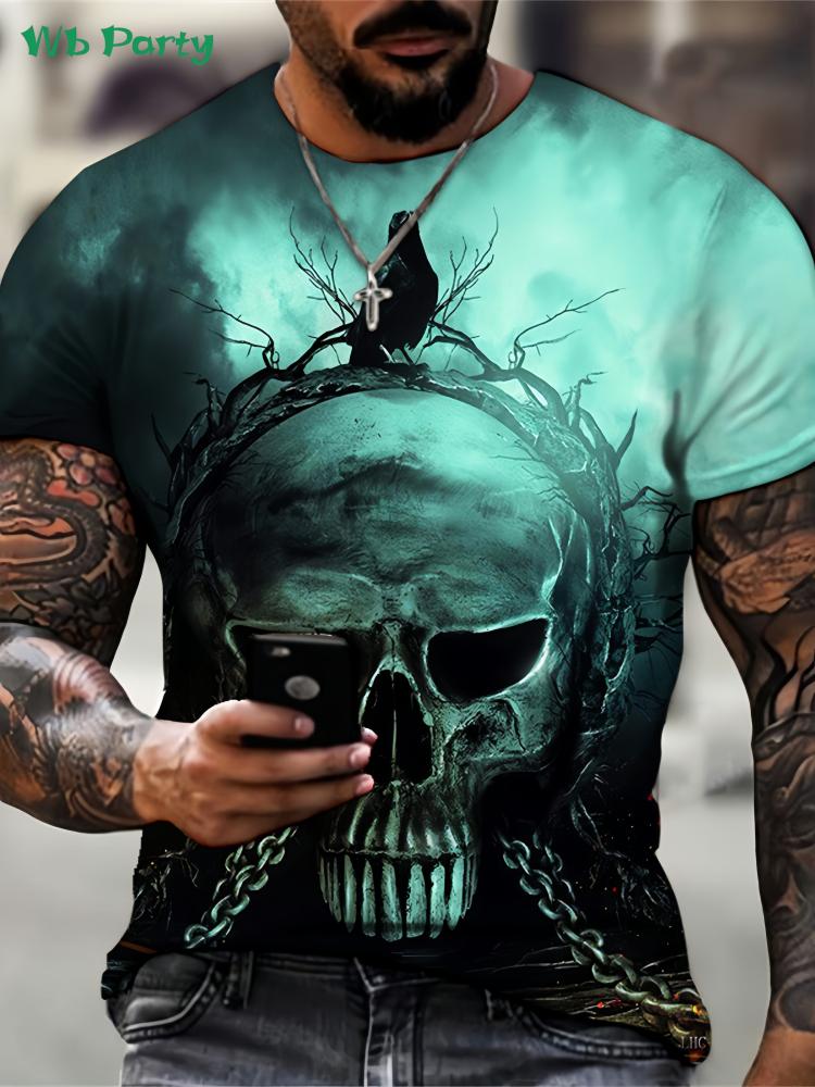 Retro skull 3D print men's T-shirt, summer street style men's top, fashionable round neck short-sleeved T-shirt, new loose fit men's clothing.