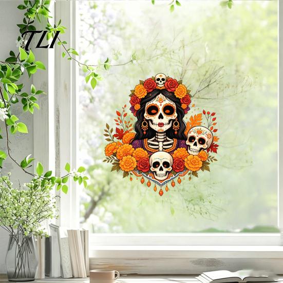 Customizable Cut to Size Stickers Day of The Dead Window Clings, Dia De Los Muertos Sticker, Colorful Halloween Decorative Glass Film Sugar Skull with