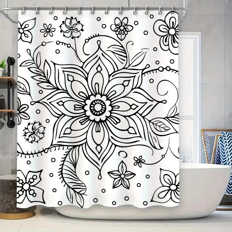 Black White Floral Shower Curtain Decorative Pattern For Home Bathroom Modern Design With Leaves And Petals Print