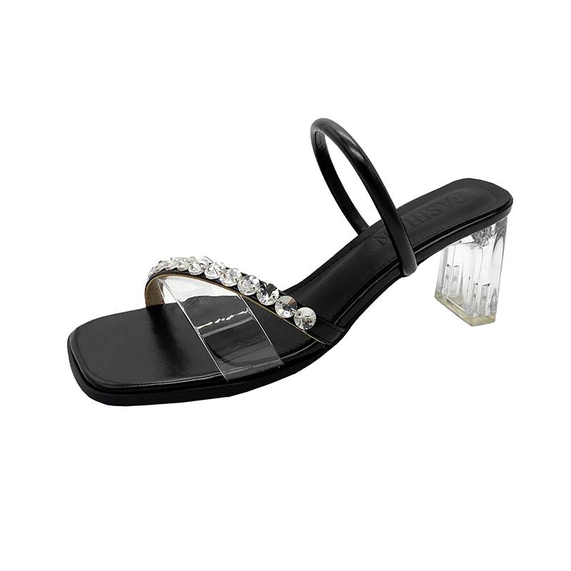 Fashion Summer Crystal Clear Band Square Slippers Women's Fashion Square Head Open Toe Fine Strap Anti-slip Wear-resistant Heels