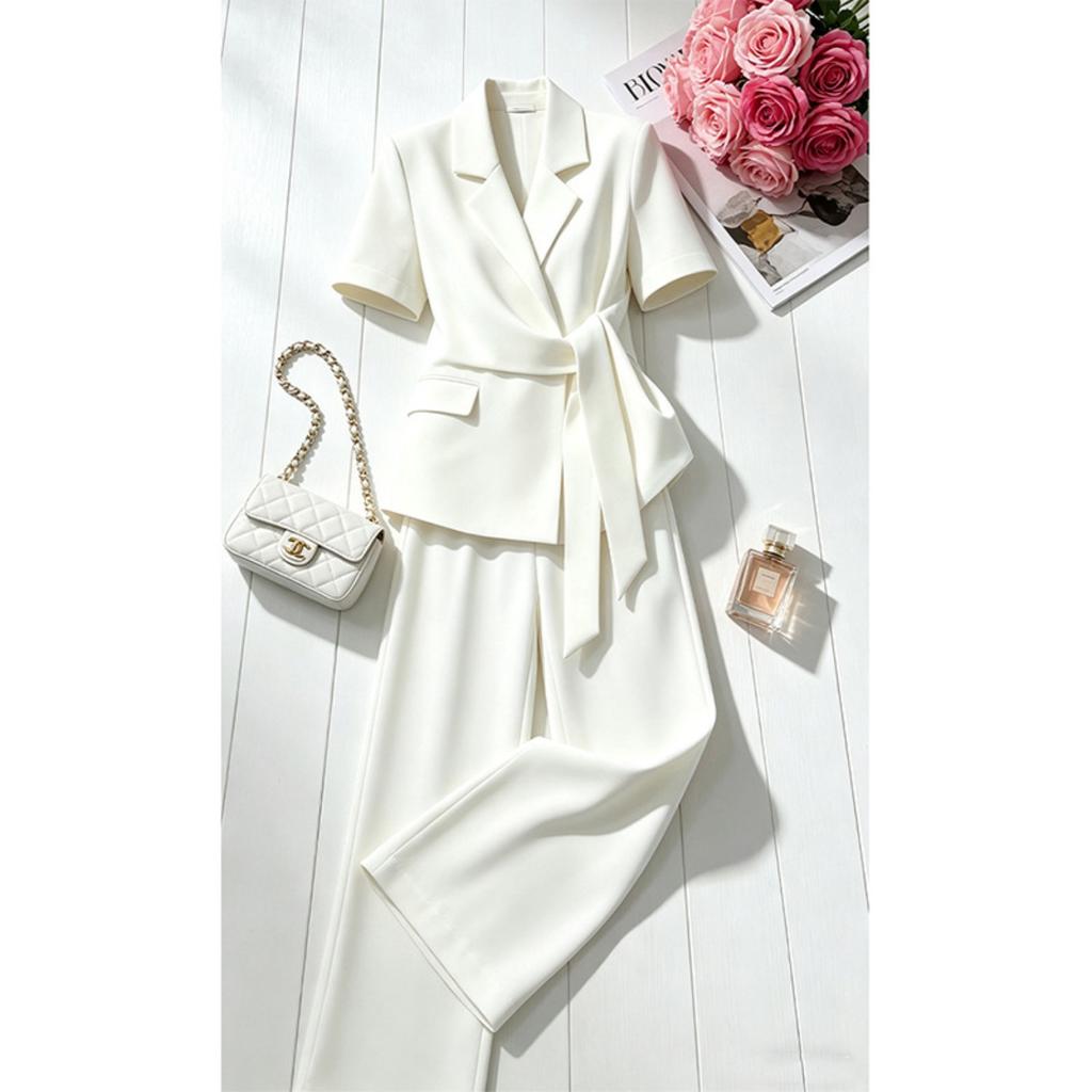 Damen Kurzarm Locker Geschnittener Blazer Hohe Taille Weites Bein Hosen Sommer 2-teiliges Set