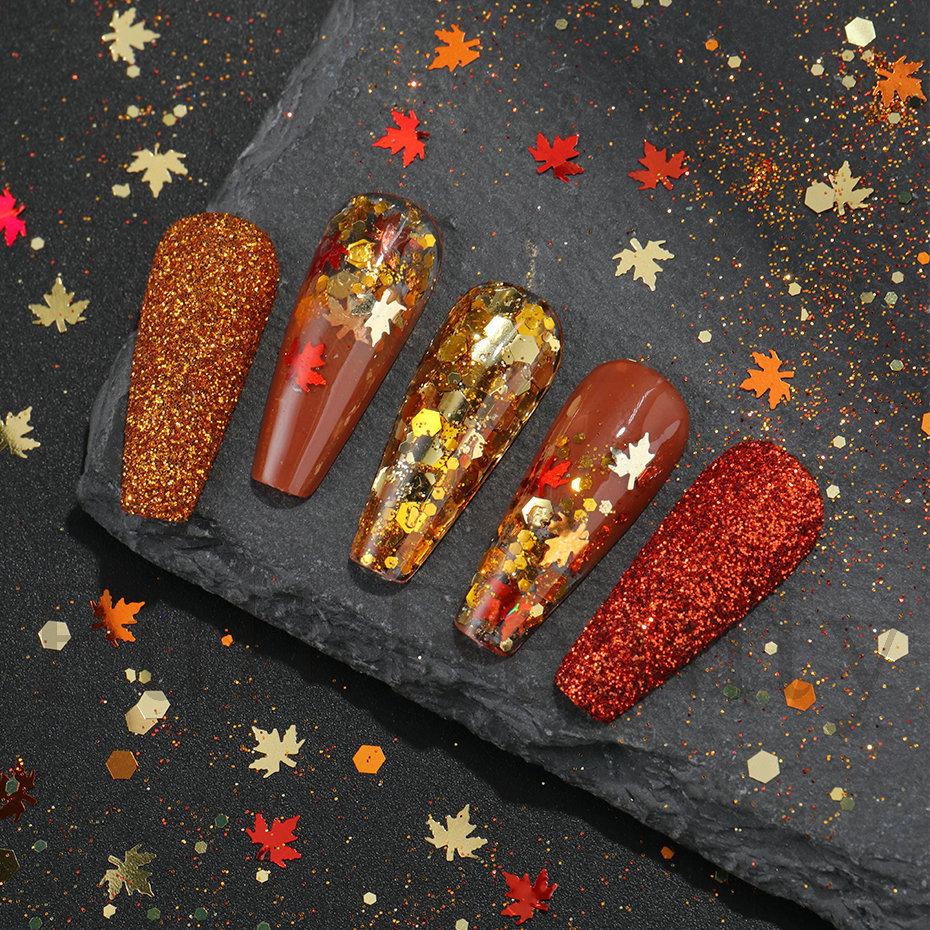 Nail Art Sequins 6-Gate Box Autumn Thanksgiving Maillard Color Symphony Maple Leaf Sequins Glitter