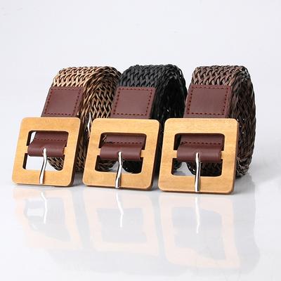 Women'S Simple Wind Wood Buckle Retro Woven Belt Dress Decorative Belt Women'S Waist Seal