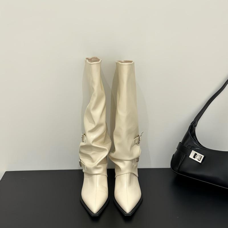

2025 autumn and winter high-end pointed thick-heeled piled boots women s new models but knee high-heeled pants boots high boots 35 абрикосовый
