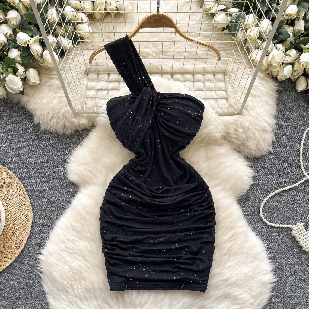 Summer Women One Shoulder Strapless Sexy Bling Bling Slim Sheath Bodycon Mini Short Club Party Dresses