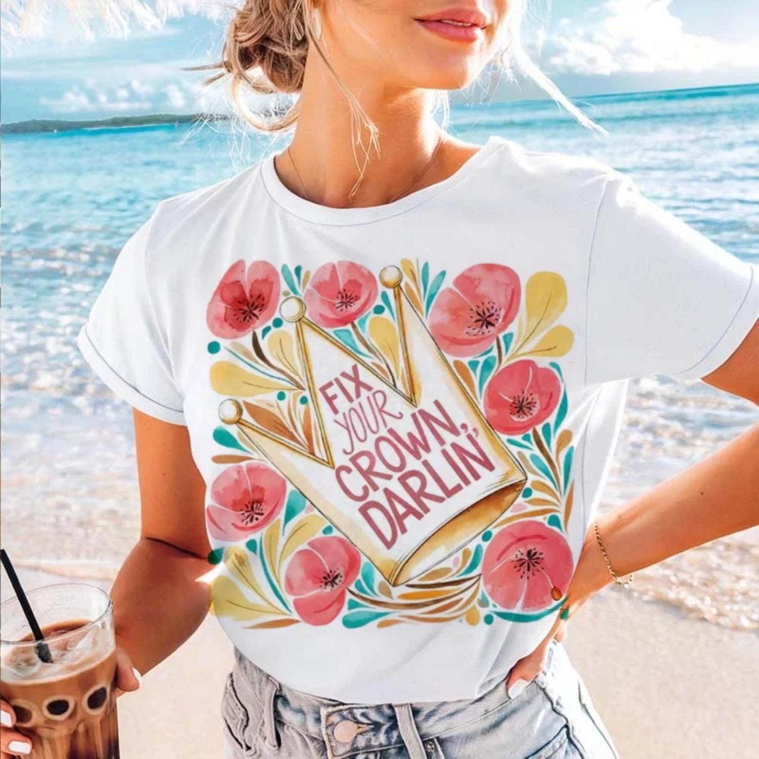 Printed Pattern Watercolor Flower T-Shirt Casual Round Neck Regular Style Popular Versatile Women s Clothing Summer Fashion Top S