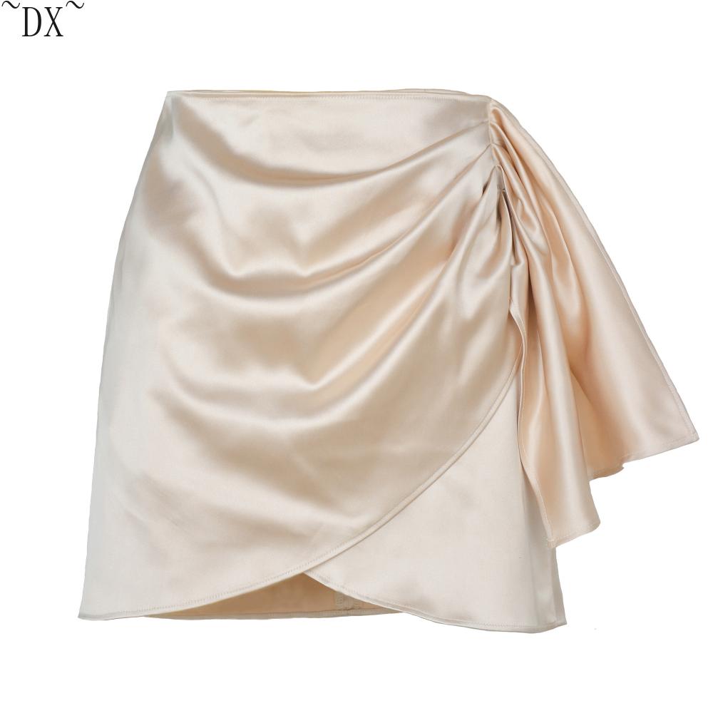 DX~Sommer Unregelmäßiger Reißverschluss Halbrock Plissee Positionierung Europäischer und amerikanischer Solid Satin Hoher Taille Kurzer Rock Damenbekleidung