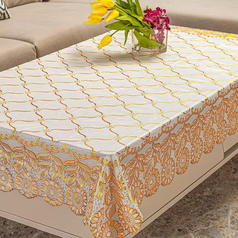 Vergulde Tafelkleed PVC Koffietafelmat Waterdicht, Hittebestendig Gouden Bloemen Minimalistisch Plastic Tafelkleed 110x160cm  4 Laces
