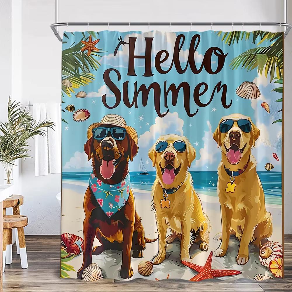 1pc Fun Cats and Dogs on the beach in Summer Shower Curtain, Bathroom Decorative Shower Curtain, Home Curtain with Hooks 90x180cm-35x70in