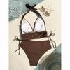 Sexy Solid Color Halter Strappy Bikini Female Swimsuit Women Swimwear Two-pieces Bikini Set Bather Bathing Suit Swim