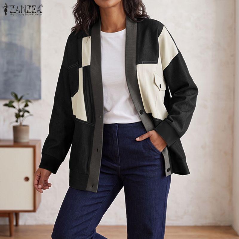 ZANZEA Women Casual V-Neck Loose Long Sleeve Patchwork Cardigan Blouse