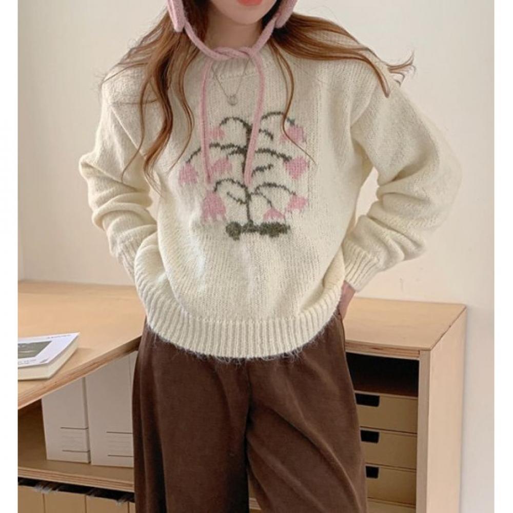 Rellawear Women Name Round Flower Sweater Knit Top 3color Ryfw04