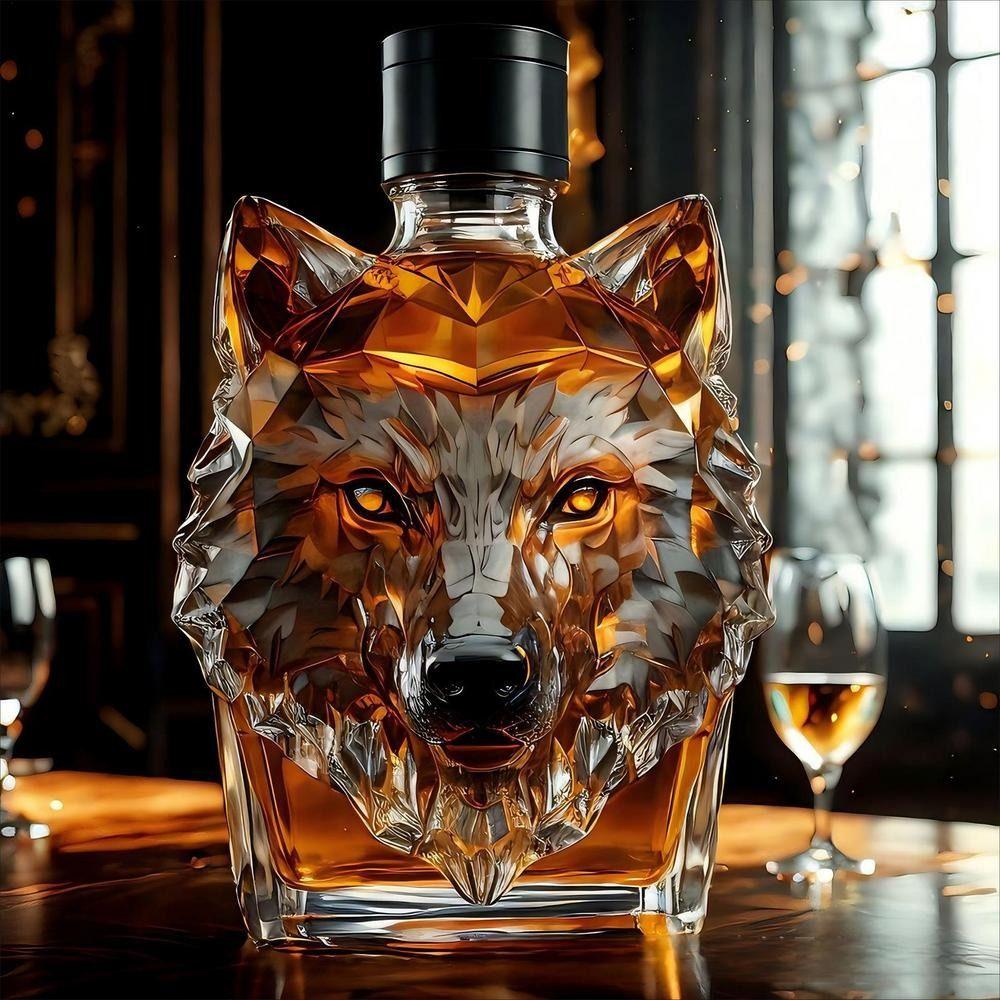 Unikalna Kształt Głowy Wilka Butelka na Whisky 300 ml z Pokrywką Szklany Karafka Przezroczysty Wytrzymały Kieliszek do Wina Domowy Bar