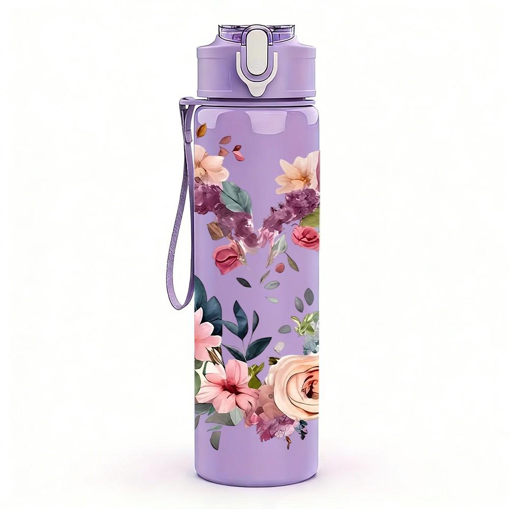 1PC Rose Wreath Flower Pattern 750ml Color Plastic Sports Water Bottle Leakproof Flip Straw Lid Suitable for Sports Office Home Use