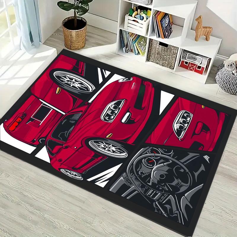 Red JDM Sports Car Comic Panel Print Area Rug Non‑Slip Rectangular Floor Mat Tuning Auto Decor for Gaming Bedroom Living Room