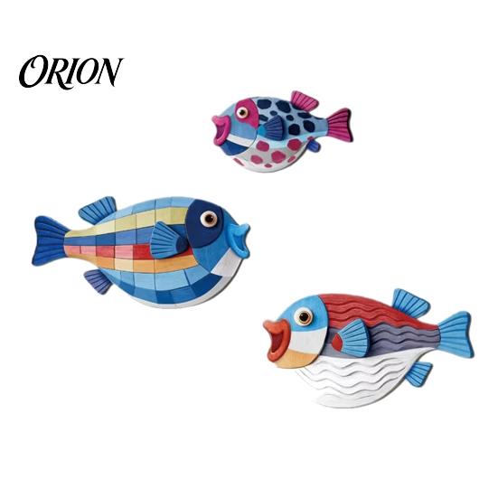 Modern Nursery Wall Art 3Pcs Wooden Fish Art, Nautical Hanging Ornaments, Rustic Ocean Style Punch Free Sculpture, Coastal Decorations for Beach House