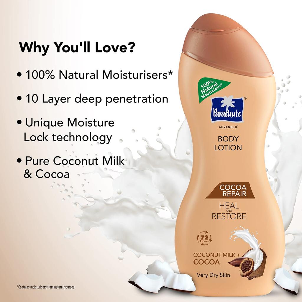 Parachute Advansed Cocoa Repair Body Lotion For Very Dry Skin 250ml Intense Moisture 72H Hydration Fast Absorbing Non Sticky Glow Care