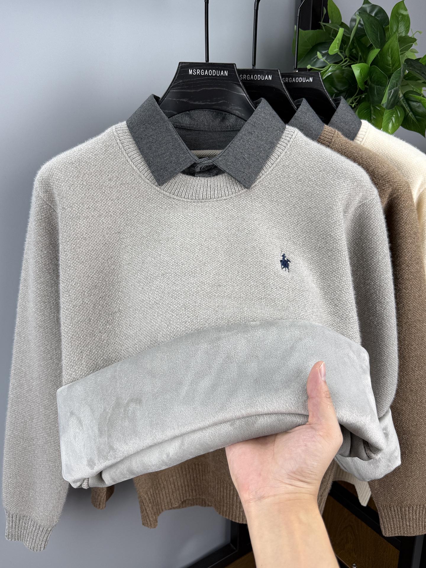 2025 Winter Men s Plus Velvet Thick Sweater with Shirt Collar - Faux Two-Piece Design L верблюд