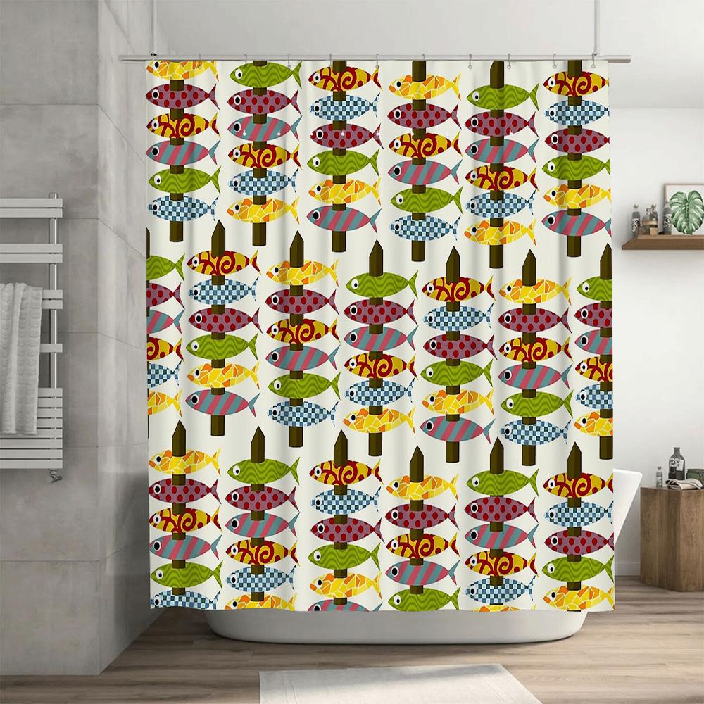 Fish Pattern Shower Curtain Coastal Ocean Sea Life Waterproof Decor Bathroom Set Vintage Nautical Themed Shower Liner