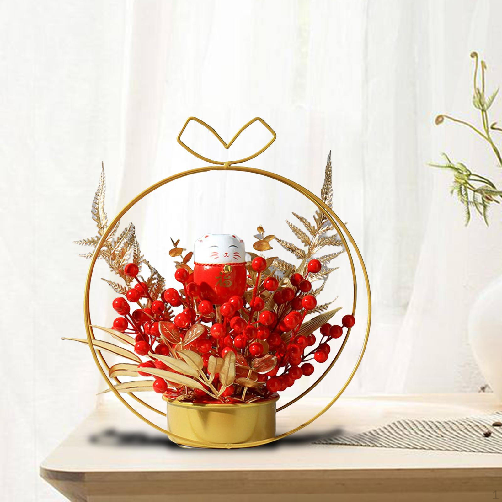 

Chinese Flower Vase Statue, Year Arrangement Festive Red Figurine Craft Ornament for Cat